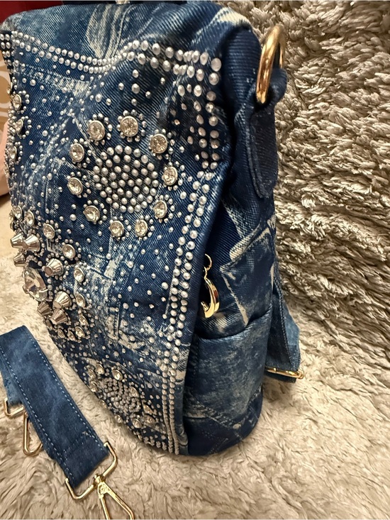 Embellished Denim Backpack in Blue with Crystal Details main image 4